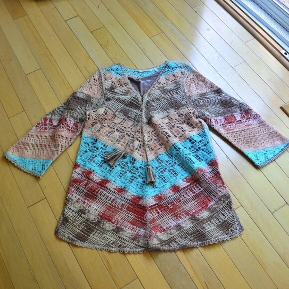 Soft Surroundings Earthy Long Tunic Top Aqua Chevron Women's Size L - Picture 1 of 12